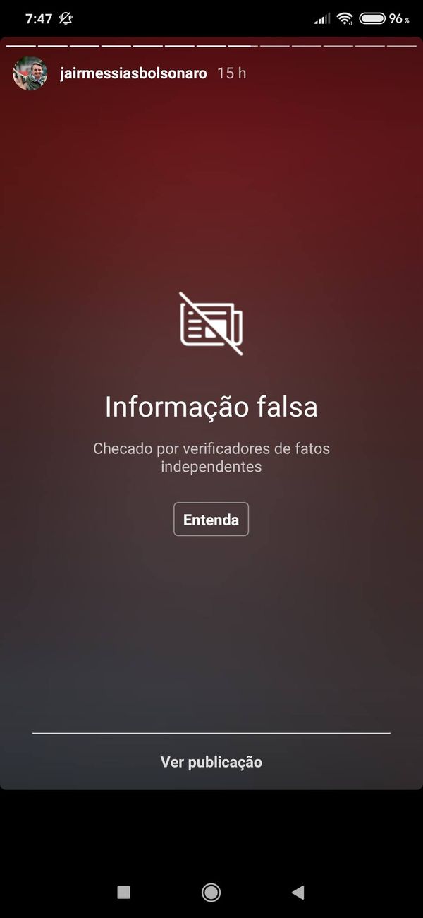 Instagram coloca 'alerta de fake news' em publicação de Bolsonaro no Instagram