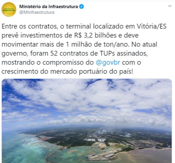 Twitter do Ministério do Infraestrutura informa que projeto de porto da Petrocity será em Vitória e usa foto de Aracruz   . Crédito: Reprodução