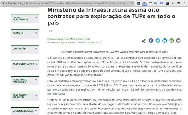 Site do Ministério do Infraestrutura informa que projeto de porto da Petrocity será em Vitória   