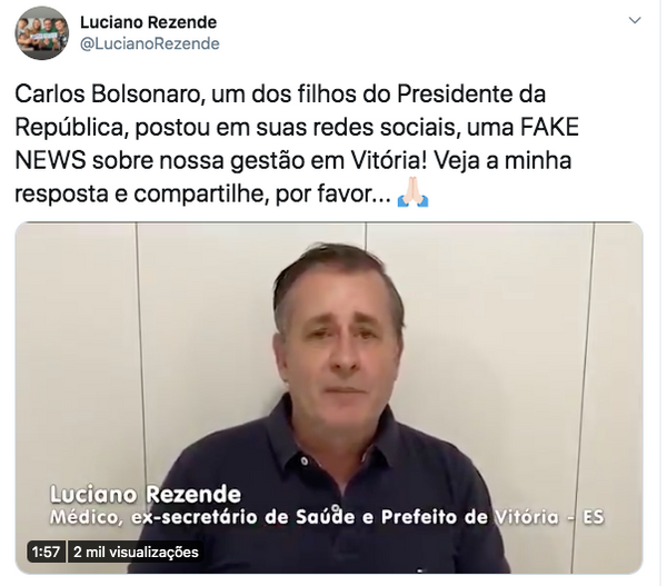Luciano Rezende gravou um vídeo para rebater as críticas de Carlos Bolsonaro e explicar as medidas adotadas para combater o coronavírus em Vitória
