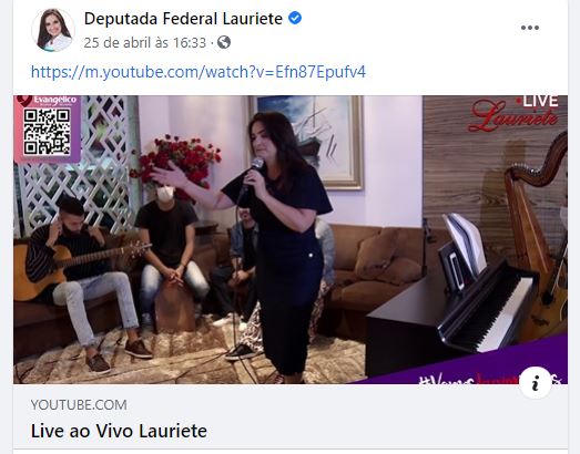 Live musical de Lauriete foi compartilhada em página gerenciada com recursos públicos