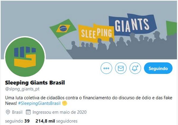 Perfil Sleeping Giants Brasil no Twitter expõe empresas que anunciam em sites de fake news