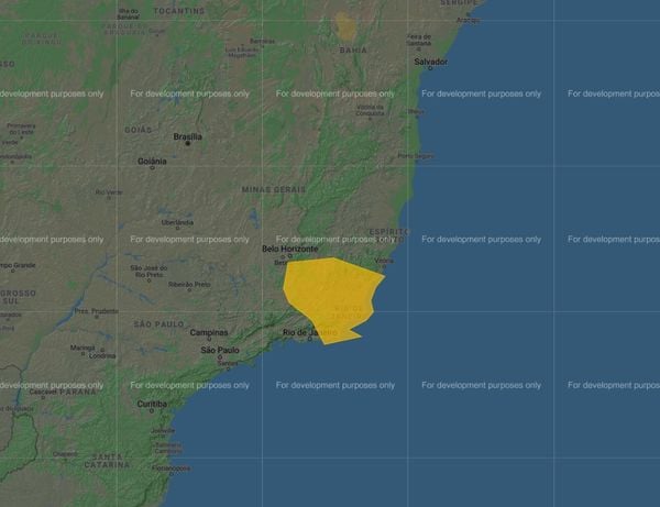 Área em amarela é onde há o maior risco de chuvas intensas no ES e também em Minas Gerais e Rio de Janeiro
