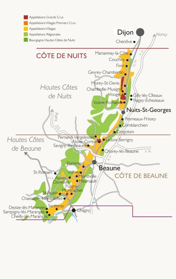Mapa da região vinícola da Borgonha, na França