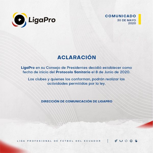 Liga de Futebol autoriza treinos no Equador a partir de 8 de junho
