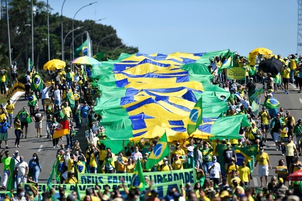 Simpatizantes do governo Bolsonaro durante manifestação em frente ao Palácio do Planalto, em Brasília, neste domingo (31)