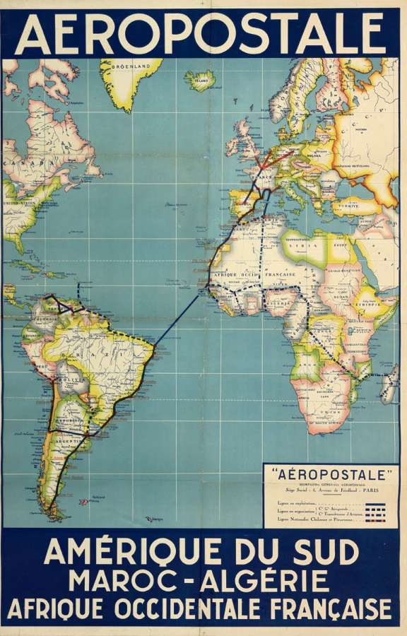 Mapa mostra o itinerário da Aeropostale, cruzando o Atlântico e passando por diversas cidades litorâneas brasileiras (inclusive Vitória) rumo ao Sul