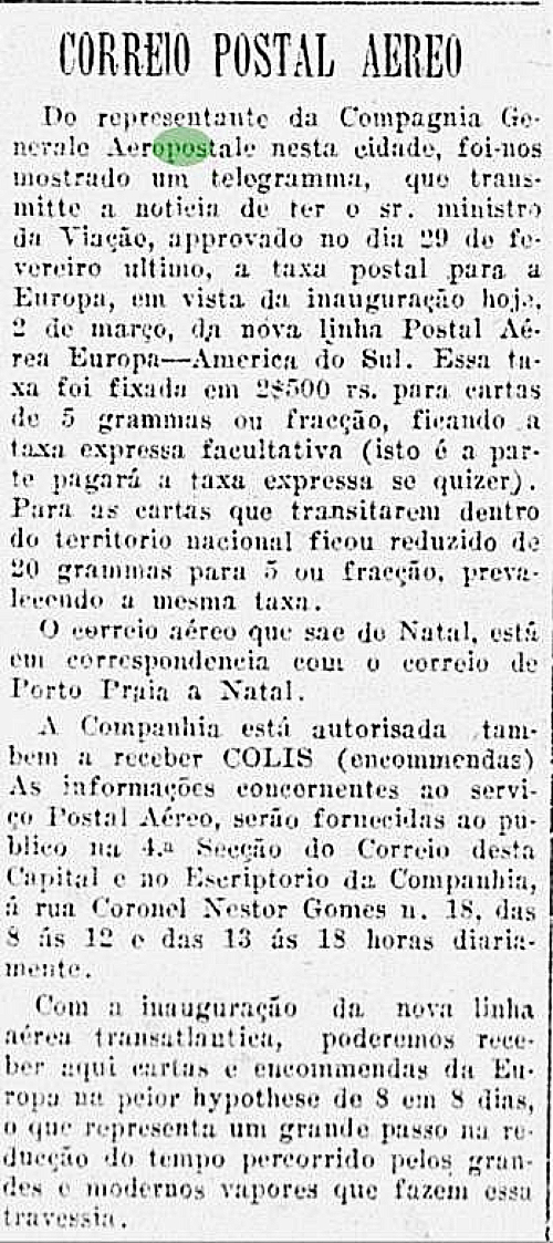 Notícia do Diário da Manhã de 02 de março de 1928, sobre a inauguração de um escritório da Aeropostale em Vitória