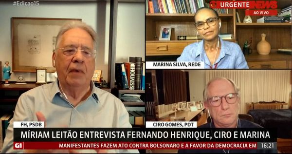 Ex-presidente Fernando Henrique Cardoso e os ex-ministros Marina Silva e Ciro Gomes participaram de debate neste domingo (7)