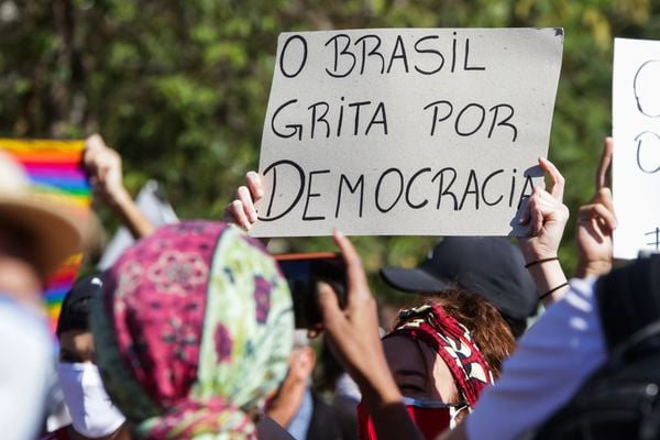 Manifestante com cartaz sobre democracia no Brasil, durante ato no Largo da Batata, em São Paulo, neste domingo (7)