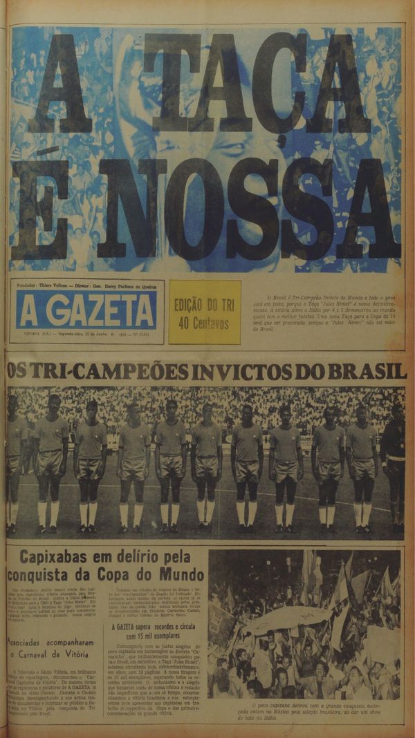 Capa da histórica edição de A Gazeta no dia 22 de junho de 1970, um dia após a conquista do título.