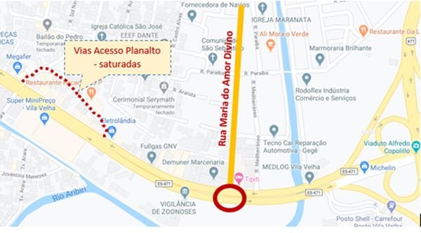 Mapa aponta onde ficará interseção da rua Maria do Amor Divino com a avenida Carlos Lindenberg que vai aliviar o fluxo das vias de acesso no bairro Planalto