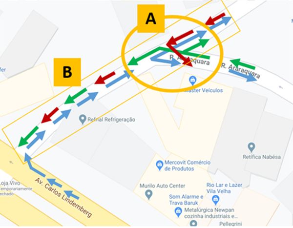Mapa mostra situação das ruas Araraquara e Ronaldo Gonçalves de Rezende no encontro com a Carlos Lindenberg. Trecho passará por mudanças