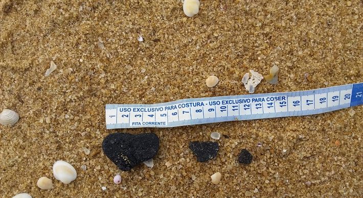 O material foi encontrado nesta  segunda-feira (29), em Guriri. Ainda não há confirmação se são da mesma substância que contaminou praias no final de 2019