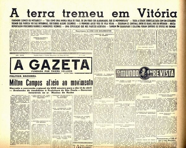 Página do Jornal A Gazeta de março de 1955: A terra tremeu em Vitória