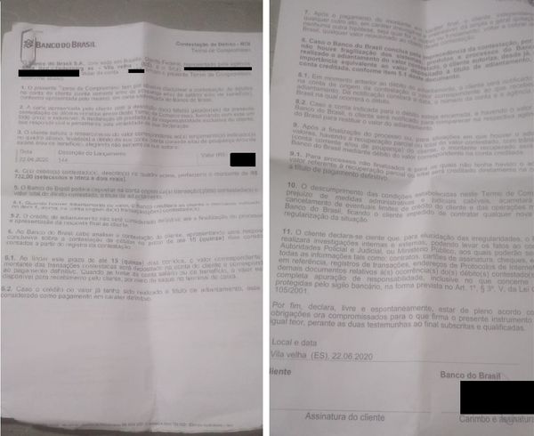 Termo de contestação de débito do Banco do Brasil