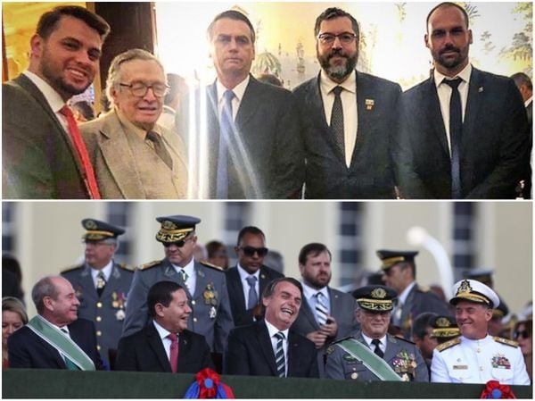 Acima, representantes da ala ideológica do governo Bolsonaro; abaixo, militares que compõem o governo e também exercem influ~encia