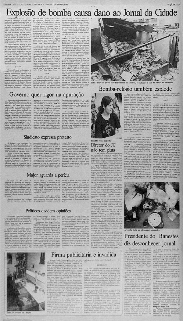 Página de a Gazeta sobre o atentado a bomba ao Jornal da Cidade, de Maria Nilce dos Santos Magalhães