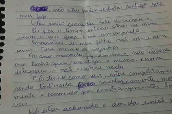 Carta escrita por mulher que era mantida em cárcere privado pelo marido há oito anos no Rio de Janeiro