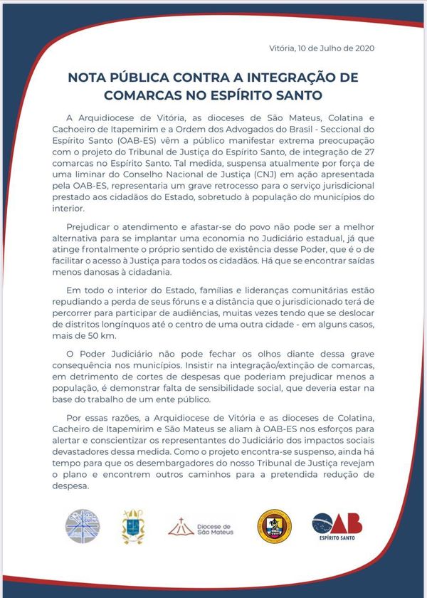 Entidades católicas se posicionam contrárias a decisão de integrar comarcas do TJES