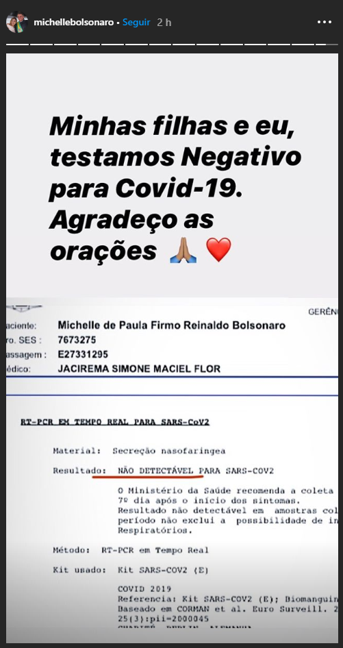 Michelle Bolsonaro e as filhas testaram negativo para o Covid-19
