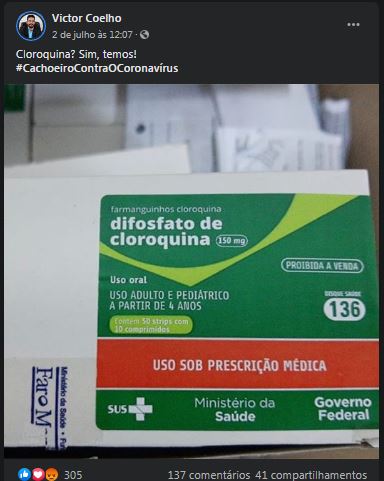 Post do prefeito de Cachoeiro, Victor Coelho, sobre a chegada de doses de cloroquina repassadas pela Sesa