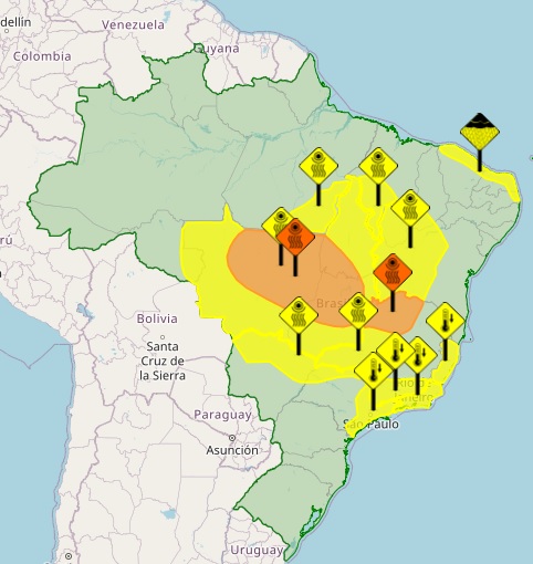 Áreas marcadas em amarelo alertam para baixas temperaturas