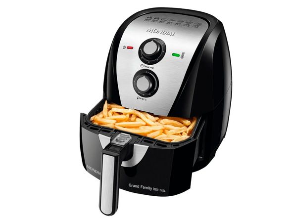 Fritadeira elétrica Mondial Grand Family, de 5,5 litros, 1900W, Inox - 110 volts. Cód: 433440. por Divulgação/Sipolatti