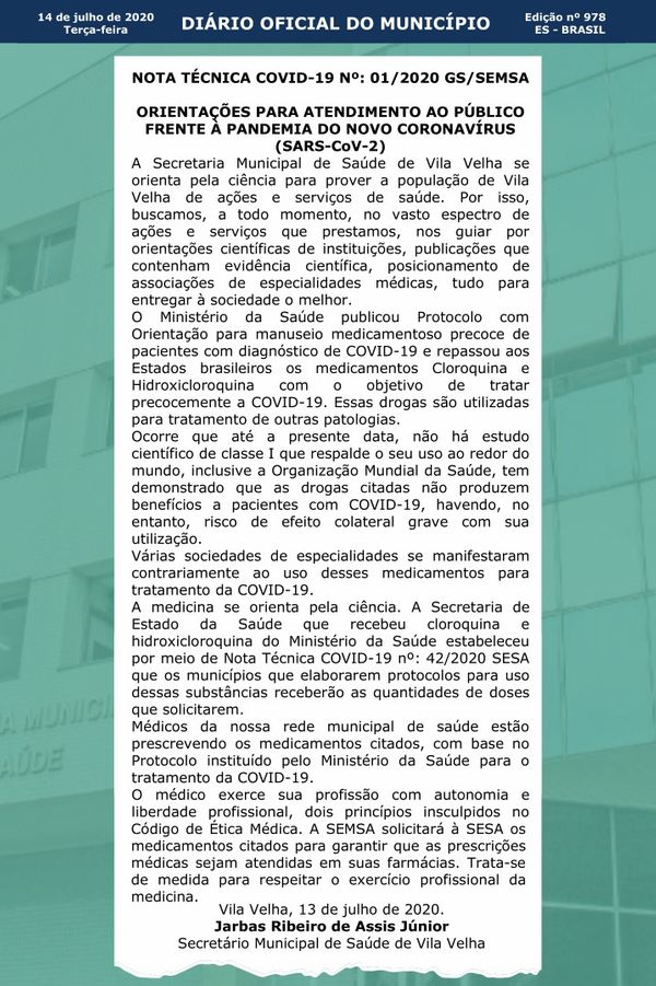 Publicação sobre hidroxicloroquina no Diário Oficial do município de Vila Velha