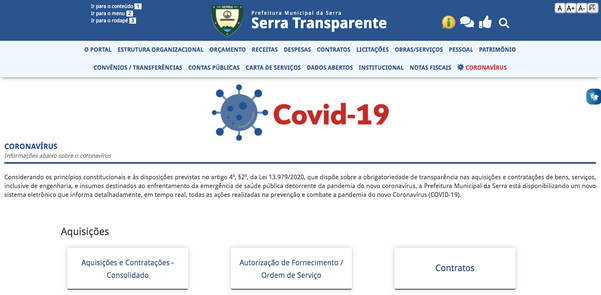Site de transparência da Prefeitura da Serra com informações sobre contratações na pandemia. Junto com Cariacica, município lidera ranking de transparência