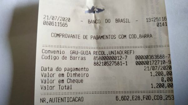 Comprovante de devolução do auxílio da primeira dama de são domingos do Norte
