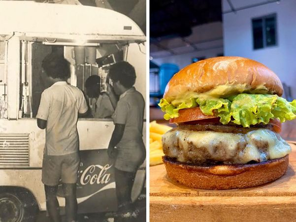 Imagem antiga de 1974 no primeiro ano de funcionamento do Rancho Beliskão, em Vitória. Hambúrguer lançado este mês para comemorar o aniversário de 46 anos do restaurante.
