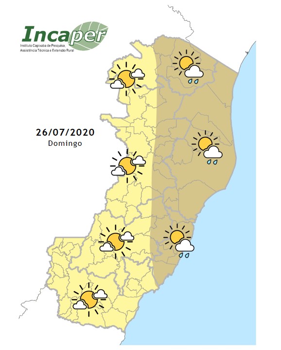 Mapa mostra previsão do tempo para este domingo (26) no Espírito Santo