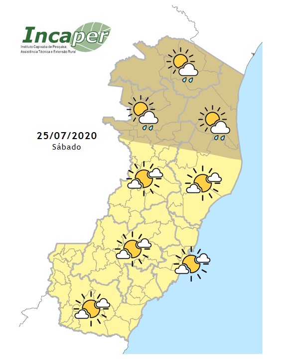 Mapa mostra previsão do tempo para este sábado (25) no Espírito Santo