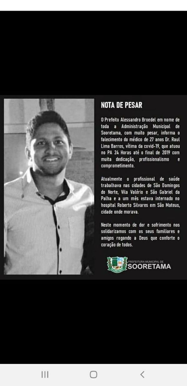 Nota de pesar da prefeitura de Sooretama pela morte do médico Raul Lima
