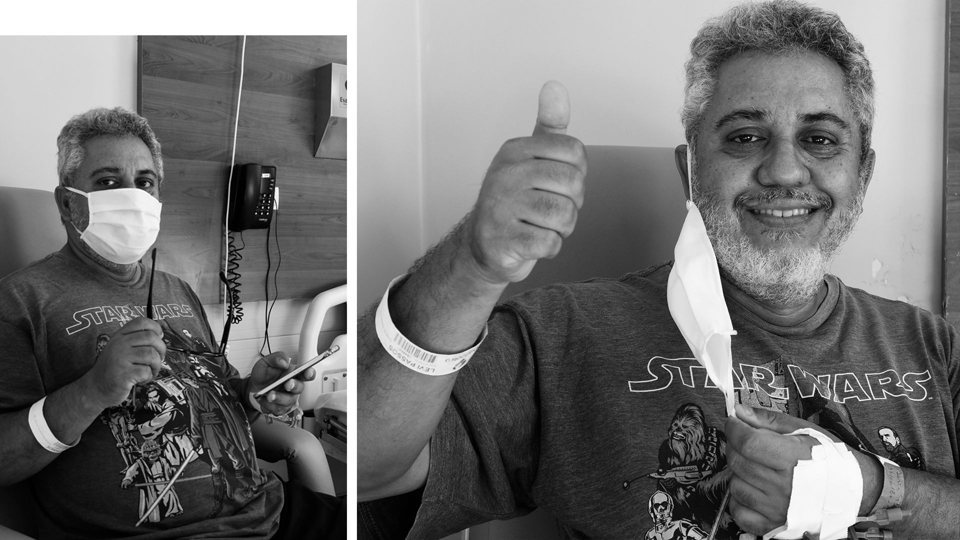 O funcionário público Levi Passos, 53 anos, comemora sua cura de covid-19. Ele passou três dias na UTI