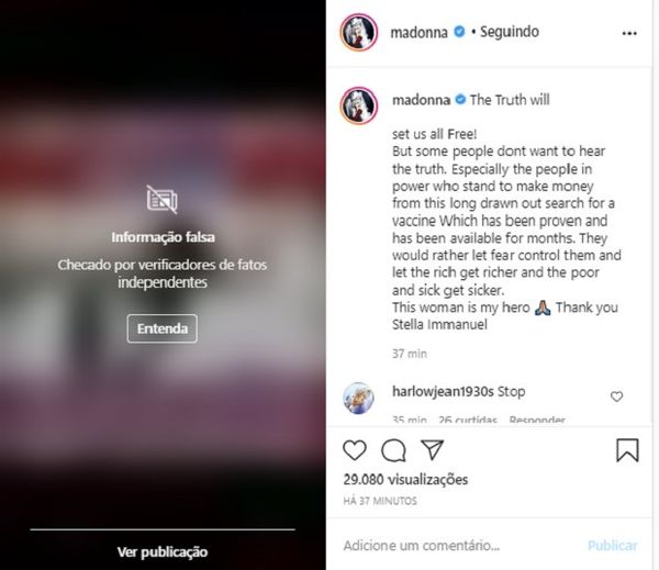 Madonna defende cloroquina na web e é notificada por fake news