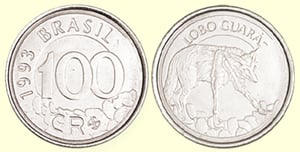 Moeda de 100 cruzados com imagem do lobo-guará cravada