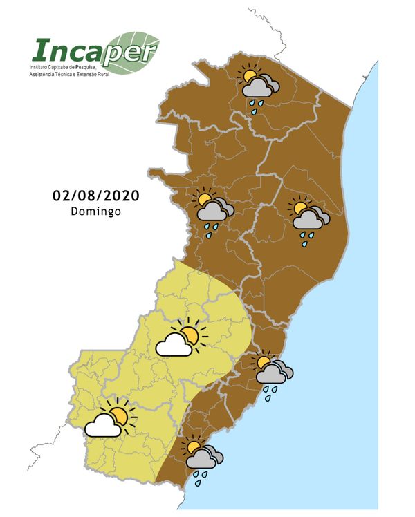 Previsão do tempo para domingo (02/08) é de chuva na maior parte do ES