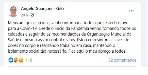 Giló publicou em suas redes sociais que se recupera em casa