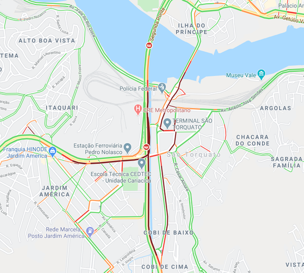 Situação do trânsito na região às 07h22 desta quarta (05), após acidente na Segunda Ponte