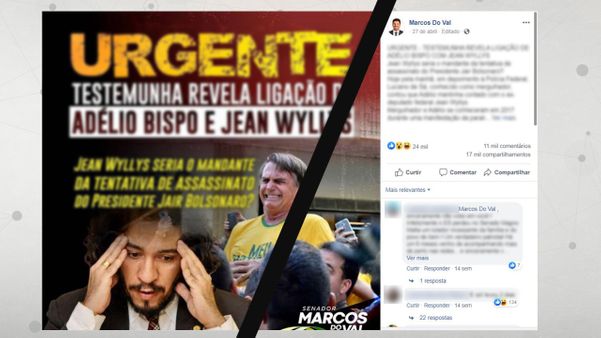 Post do senador Marcos do Val relaciona, sem qualquer prova, ex-deputado a homem que esfaqueou Bolsonaro
