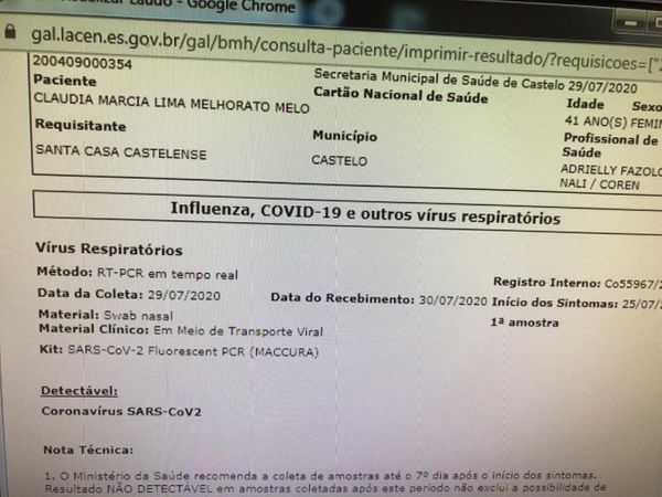 Exames apontam que paciente testou duas vezes para Covid-19 por Divulgação