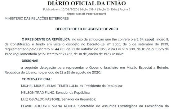 Diário Oficial da União registra a designação de Michel Temer para representar o governo Bolsonaro no Líbano