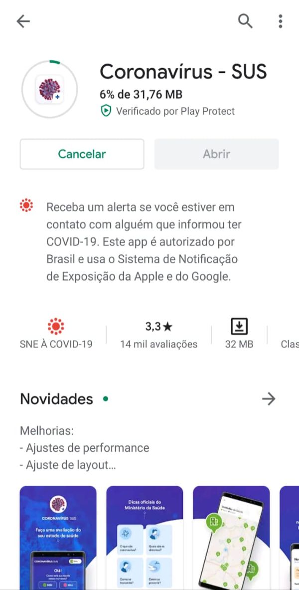 01 - Baixe o aplicativo Coronavírus - Sus na PlayStore ou na ApleStore por Reprodução/Ministério da Saúde