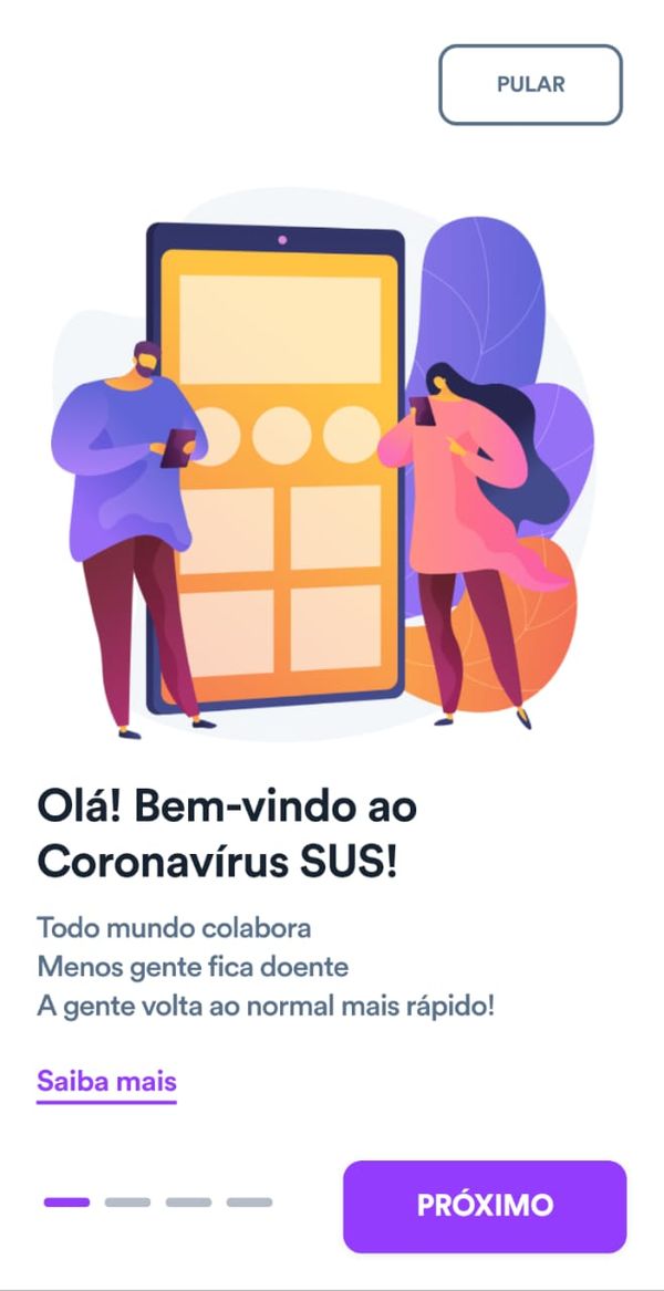 02 - Depois de baixar, abra-o e clique no botão roxo Próximo para ler as orientações e em seguida selecione a opção Entrar por Reprodução/Ministério da Saúde