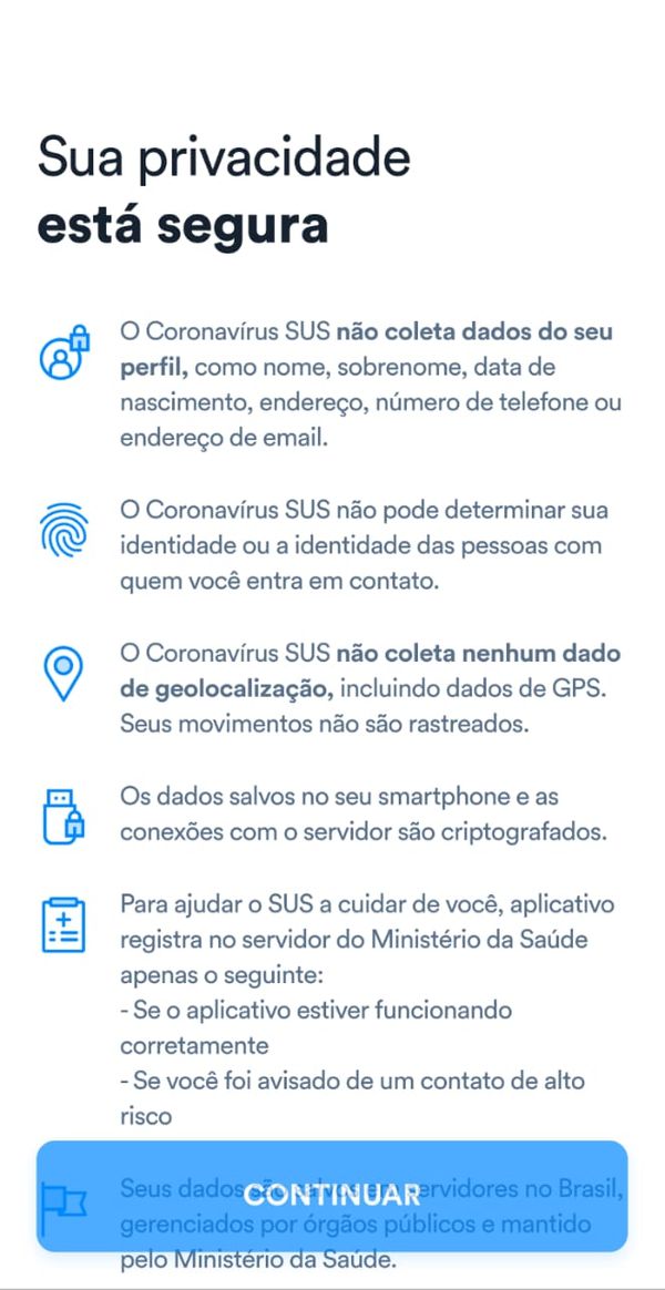 03 - Uma tela com as medidas de segurança do aplicativo vai abrir. Leia-as e marque a opção Li as políticas de privacidade. Em seguida, clique no botão azul Continuar por Reprodução/Ministério da Saúde