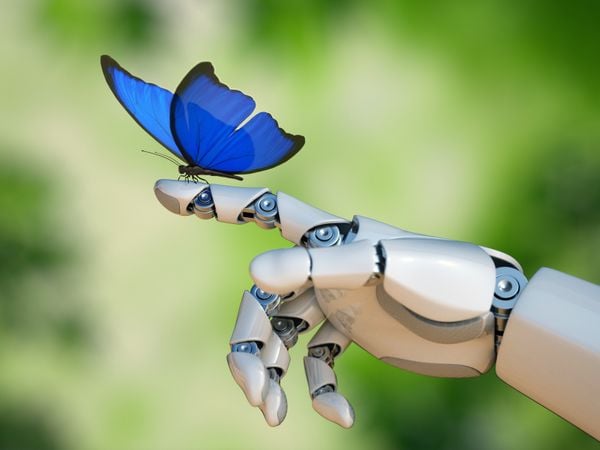 Borboleta posando em mão de robô; liberte o futuro