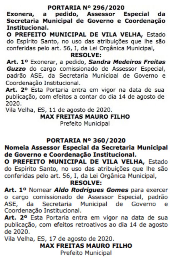 Exoneração de Sandra Freitas foi publicada no dia 12 de agosto. O marido dela, Aldo Rodrigues, foi nomeado para o cargo que ela ocupava no dia 18