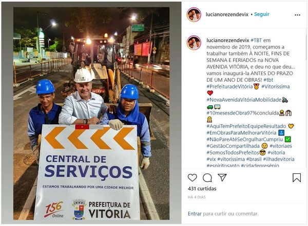 Publicação do prefeito Luciano Rezende, nas redes sociais, sobre as obras na Avenida Vitória